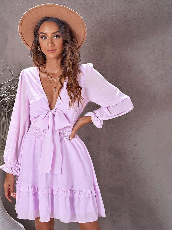 Knee-Length High-Waisted Dress with Ruffled Waist and Long Sleeves for Women