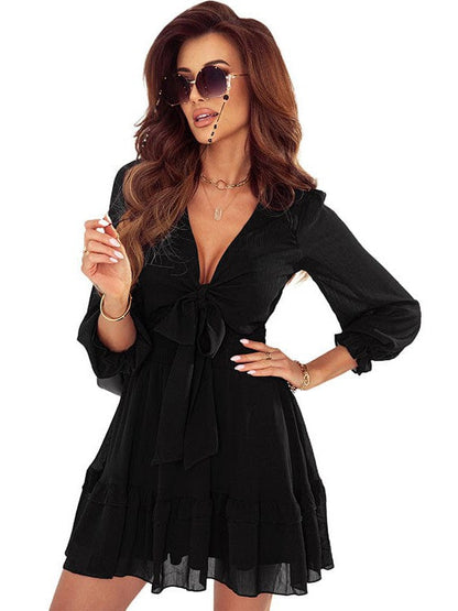 Knee-Length High-Waisted Dress with Ruffled Waist and Long Sleeves for Women