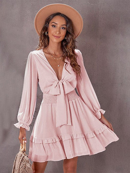 Knee-Length High-Waisted Dress with Ruffled Waist and Long Sleeves for Women