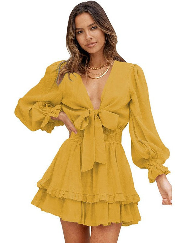 Knee-Length High-Waisted Dress with Ruffled Waist and Long Sleeves for Women