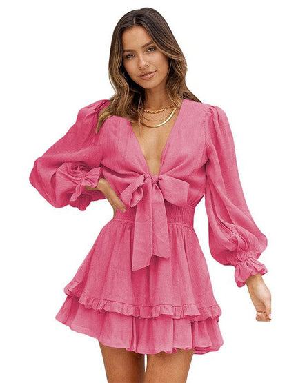 Knee-Length High-Waisted Dress with Ruffled Waist and Long Sleeves for Women