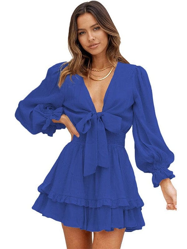 Knee-Length High-Waisted Dress with Ruffled Waist and Long Sleeves for Women