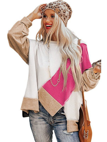 Knit Sweatshirt with Irregular Color Blocking - Women's Loose Fit Long Sleeve Top