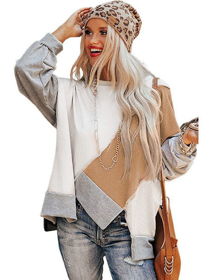 Knit Sweatshirt with Irregular Color Blocking - Women's Loose Fit Long Sleeve Top