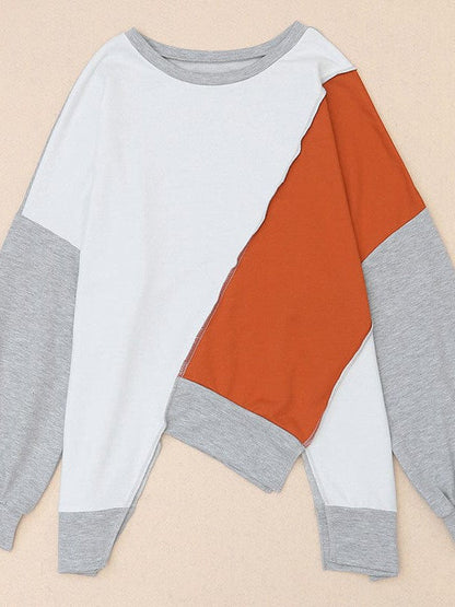 Knit Sweatshirt with Irregular Color Blocking - Women's Loose Fit Long Sleeve Top
