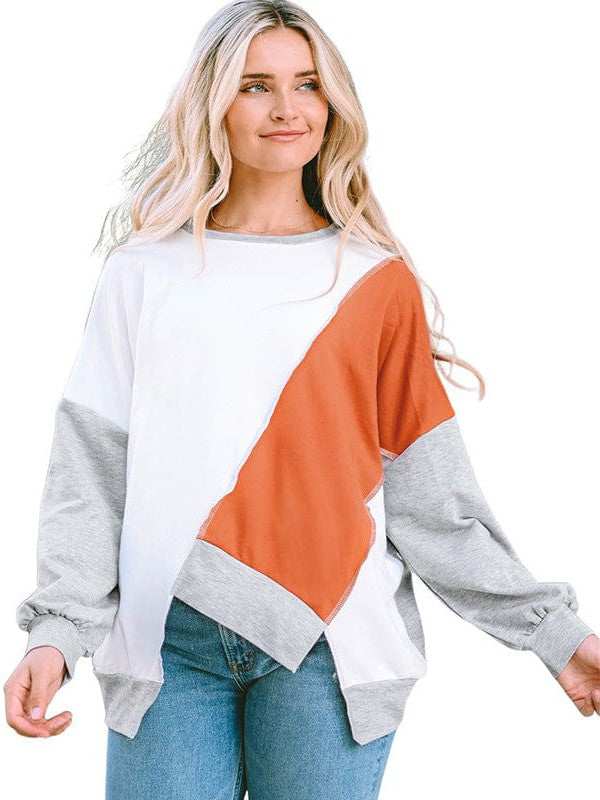 Knit Sweatshirt with Irregular Color Blocking - Women's Loose Fit Long Sleeve Top