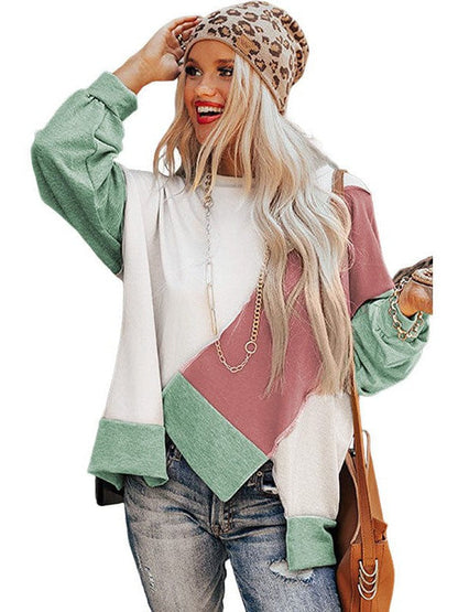 Knit Sweatshirt with Irregular Color Blocking - Women's Loose Fit Long Sleeve Top