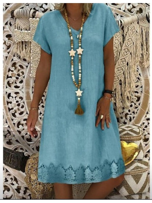 Women's Dress - Casual Dress Midi Dress Pink Short Sleeve Pure Color Print Spring Summer V Neck Casual Loose Fit 2023 S M L XL XXL XXXL