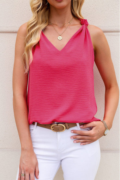 Knotted Shoulder Pink V Neck Summer Tank Top
