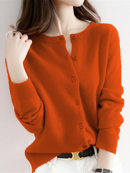 Women's Cardigan Sweater Jumper Ribbed Knit Button Solid Color Crew Neck Stylish Casual Outdoor Daily Autumn Winter Wine Red Big red S M L