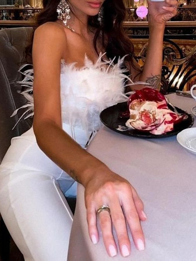 Jumpsuits Elegant Rompers Wedding Guest Prom Dress Strapless Sleeveless Ankle Length Stretch Fabric with Feather Sash / Ribbon 2022 - LuckyFash™