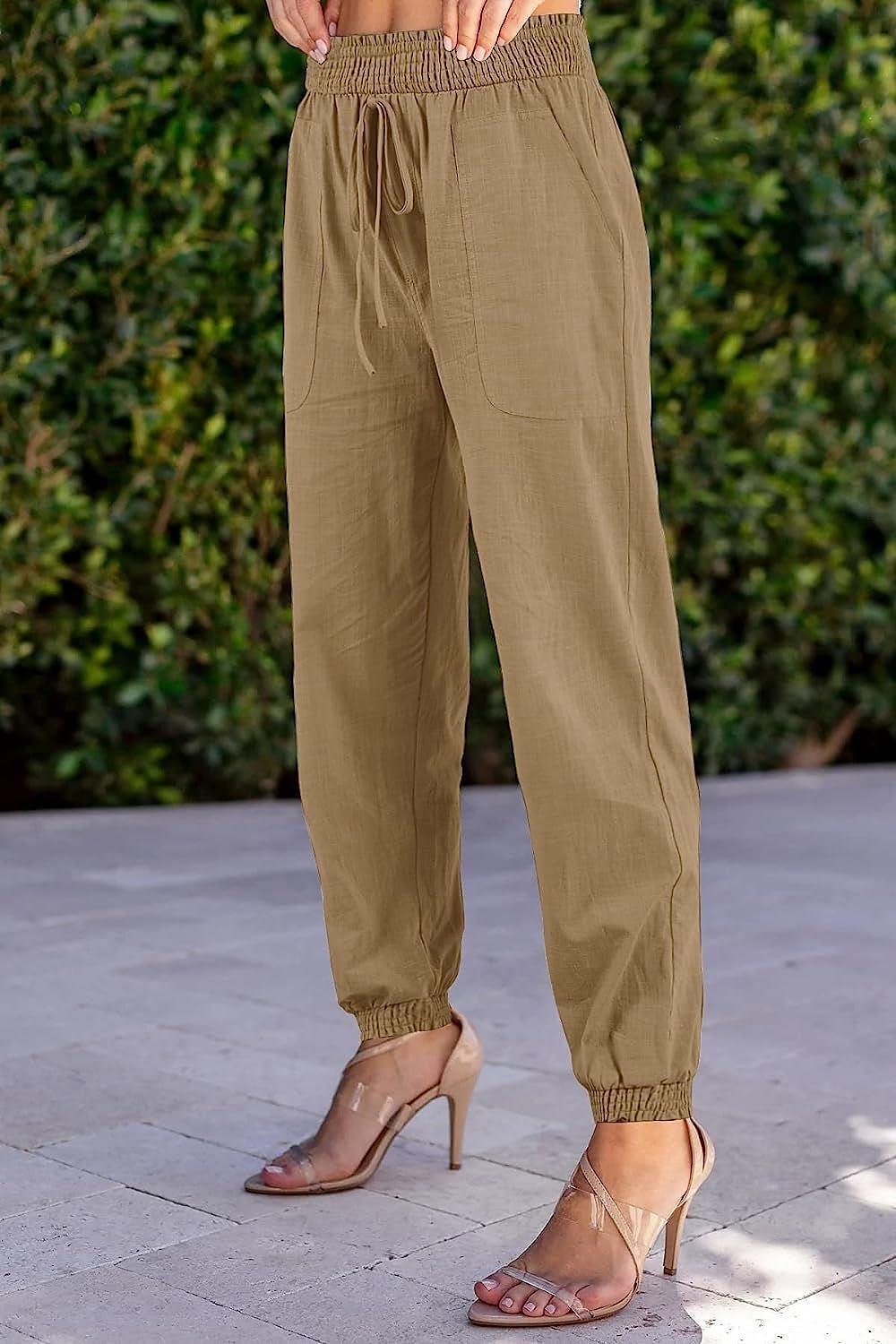 Women's Joggers Faux Linen Plain Black Khaki Fashion High Waist Full Length Street Daily