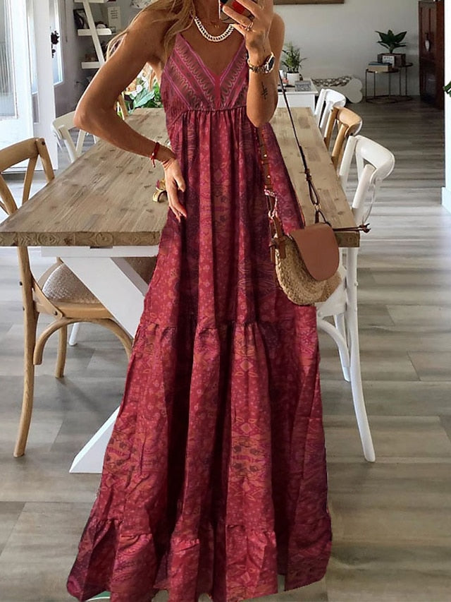 Women's Dress - Boho Dress Long Dress Maxi Dress Green Purple Pink Sleeveless Abstract Print Spring Summer V Neck Classic 2023 S M L XL