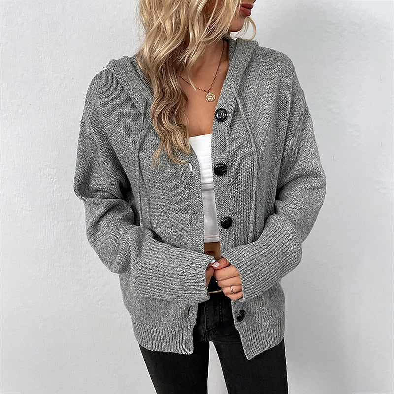 Women's Cardigan Sweater Hooded Crochet Knit Polyester Button Knitted Hooded Fall Winter Tunic Daily Holiday Date Stylish Casual Soft Long Sleeve Solid Color Black White Gray S M L