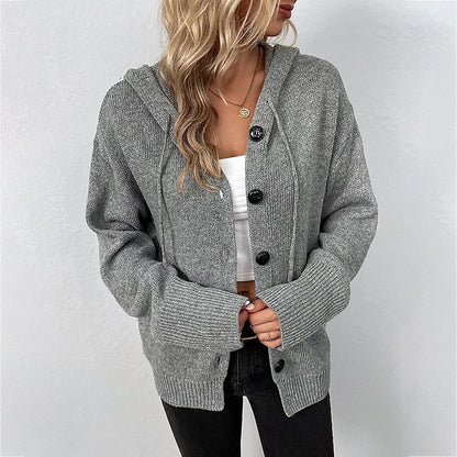 Women's Cardigan Sweater Hooded Crochet Knit Polyester Button Knitted Hooded Fall Winter Tunic Daily Holiday Date Stylish Casual Soft Long Sleeve Solid Color Black White Gray S M L