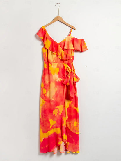 Ruffled Tie-front Asymmetric Chiffon Midi Dress