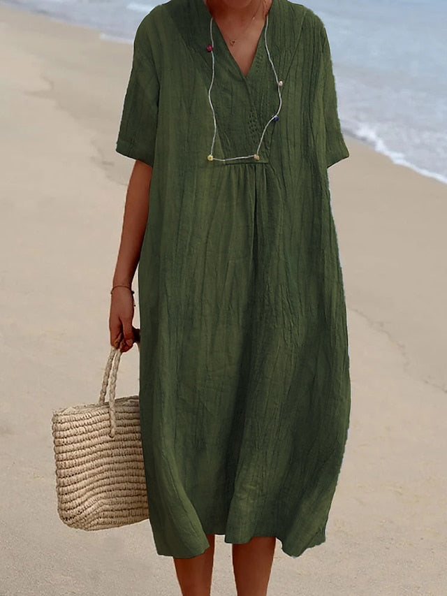 Women's Dress - Casual Dress Shift Dress Plain Dress Plain Pocket V Neck Midi Dress Fashion Basic Outdoor Daily Half Sleeve Loose Fit Blue Dark Green Summer Spring S M L XL 2XL