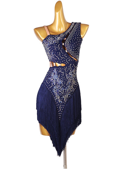 Latin Dance Dress Tassel Split Joint Crystals / Competition Dress Rhinestones Women's Performance Sleeveless Chinlon - LuckyFash™