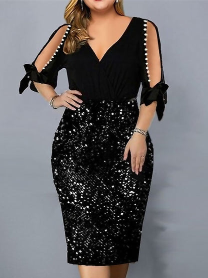 Women's Dress - Plus Size Party Dress Solid Color V Neck Sequins Half Sleeve Spring Fall Stylish Sequins Prom Dress Midi Dress Party Club Dress / Sheath Dress / Sequin Dress