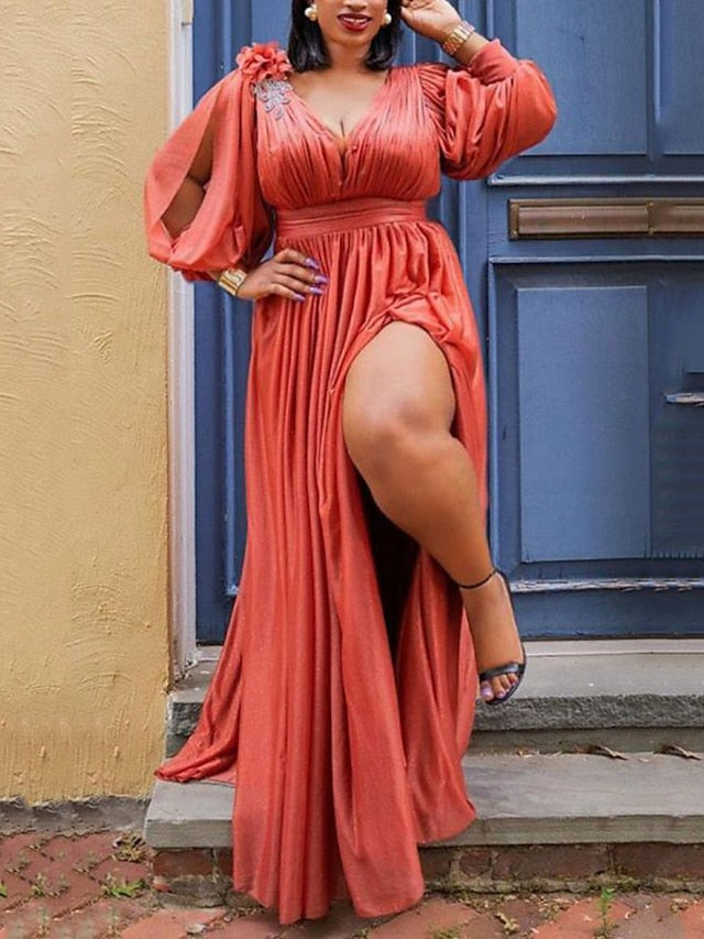 Women's Dress - Plus Size Party Dress Solid Color V Neck Ruched 3/4 Length Sleeve Spring Fall Elegant Formal Prom Dress Maxi long Dress Party Back to School Dress / Homecoming Dress