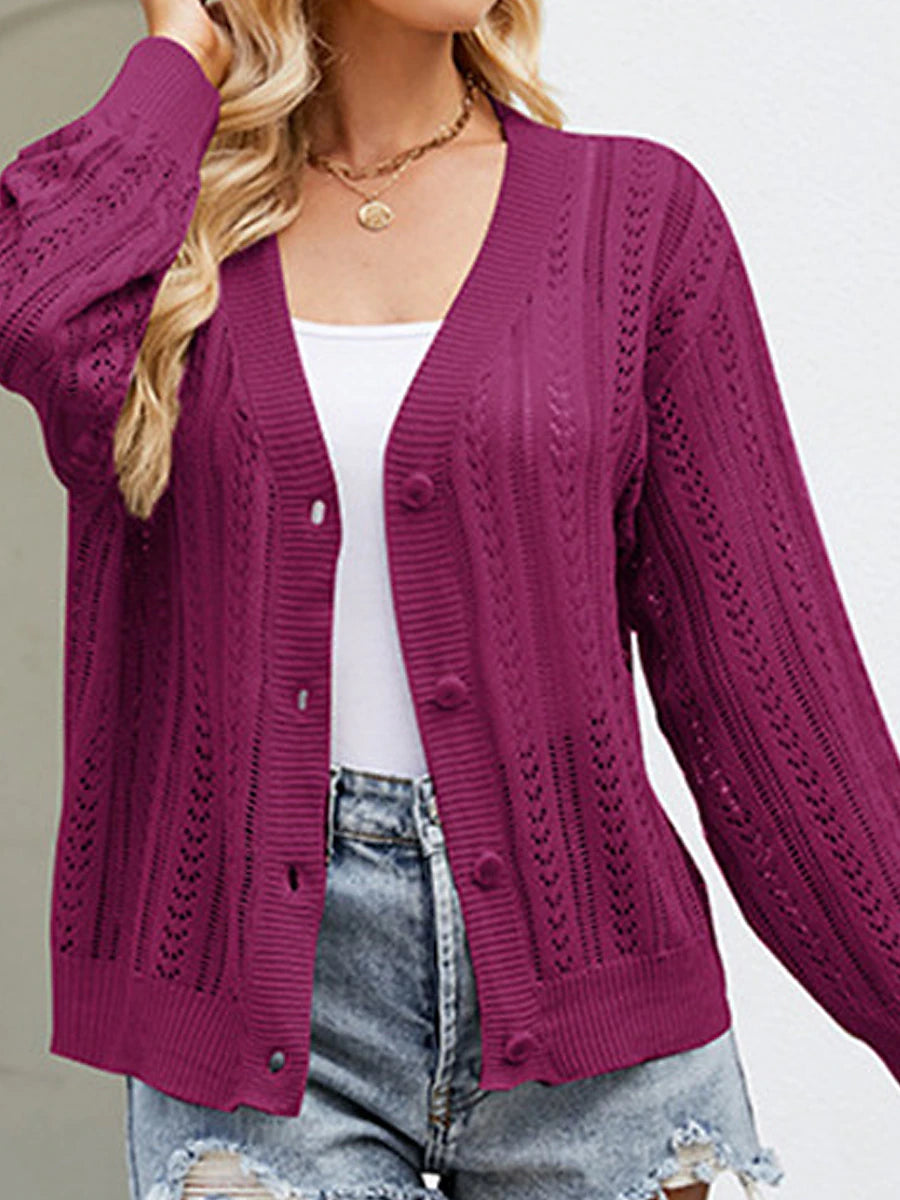 Women's Cardigan Sweater V Neck Crochet Knit Polyester Button Hole Summer Spring Daily Going out Weekend Stylish Casual Soft Long Sleeve Solid Color Purple Green Khaki S M L