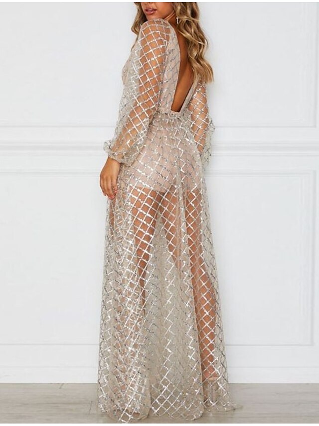 Women's Dress - Formal Party Dress Swing Dress Long Dress Maxi Dress Black Gold Long Sleeve Pure Color Mesh Winter Fall Spring V Neck Fashion Wedding Winter Dress 2023 S M L XL XXL