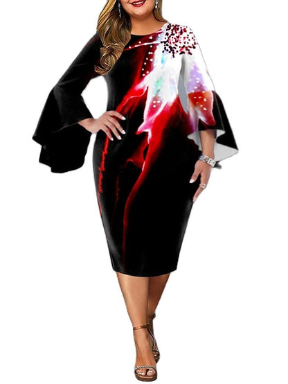 Women's Dress - Plus Size Party Dress Floral Crew Neck Ruffle Long Sleeve Fall Spring Elegant Prom Dress Knee Length Dress Formal Going out Dress / Work Dress / Print
