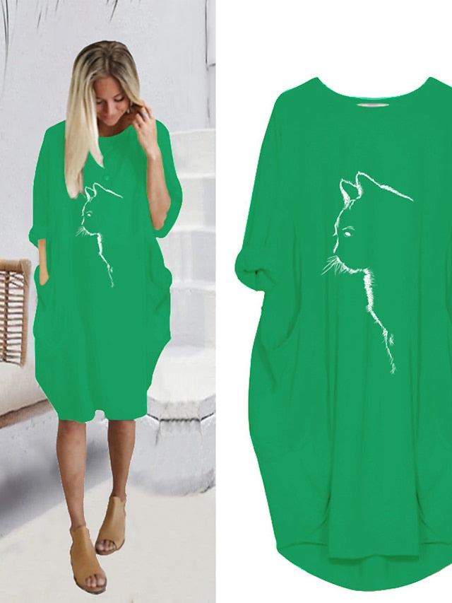 Women's Dress - T Shirt Dress Tee Dress Midi Dress Black Yellow Fuchsia Long Sleeve Print Print Summer Spring Crew Neck Casual Winter Dress Fall Dress Loose Fit 2023 S M L XL XXL 3XL 4XL 5XL