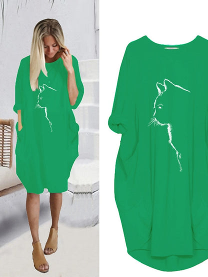 Women's Dress - T Shirt Dress Tee Dress Midi Dress Black Yellow Fuchsia Long Sleeve Print Print Summer Spring Crew Neck Casual Winter Dress Fall Dress Loose Fit 2023 S M L XL XXL 3XL 4XL 5XL