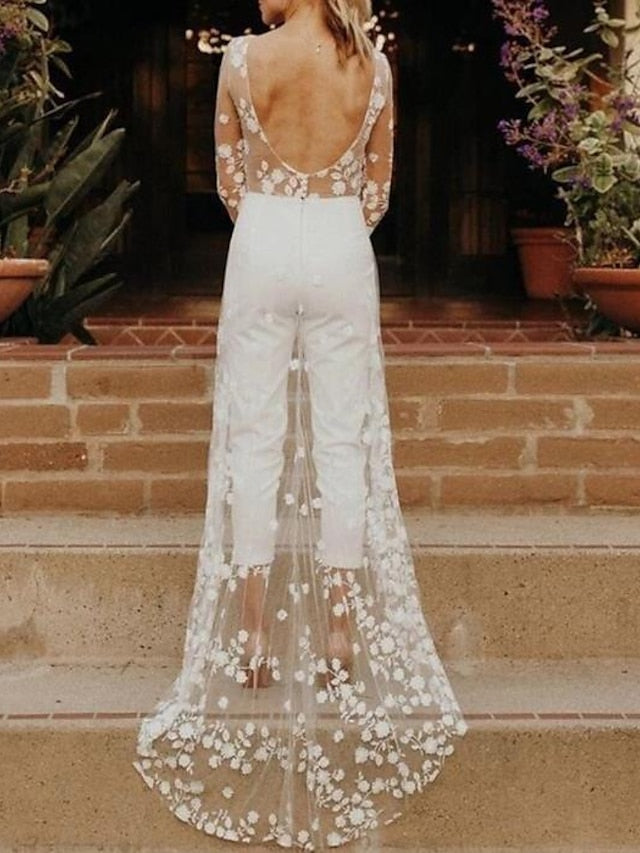 Hall Open Back Wedding Dresses Jumpsuits Scoop Neck Long Sleeve Sweep / Brush Train Lace Bridal Gowns With Flower 2023 Summer Wedding Party, Women's Clothing - LuckyFash™