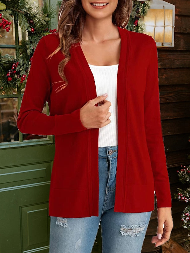 Women's Knitted Cardigan Coat Classic V Neck Long Sleeve Open Front Sweater Fall Solid Color  Cardigans Wine S M L