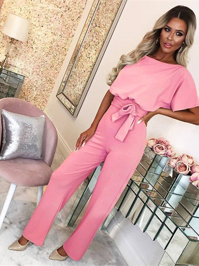 Jumpsuits for Women Summer Dressy Short Sleeve Belt Clean Fit Party Wide Leg Playsuit Long Pants Summer - LuckyFash™