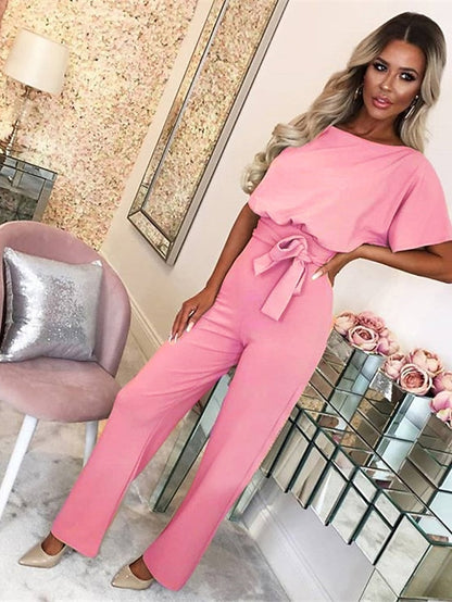 Jumpsuits for Women Summer Dressy Short Sleeve Belt Clean Fit Party Wide Leg Playsuit Long Pants Summer - LuckyFash™