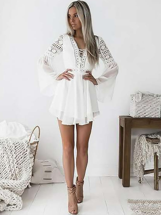 Women's Dress - Party Dress Lace Dress White Dress Mini Dress Black White Wine Long Sleeve Pure Color Lace Summer Spring V Neck Hot Winter Dress Fall Dress Slim 2023 S M L XL XXL