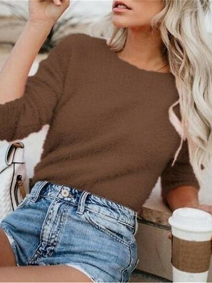 Women's Pullover Sweater Jumper Crew Neck Fuzzy Knit Polyester Oversized Fall Winter Regular Going out Weekend Stylish Casual Soft Long Sleeve Pure Color Black White Army Green S M L