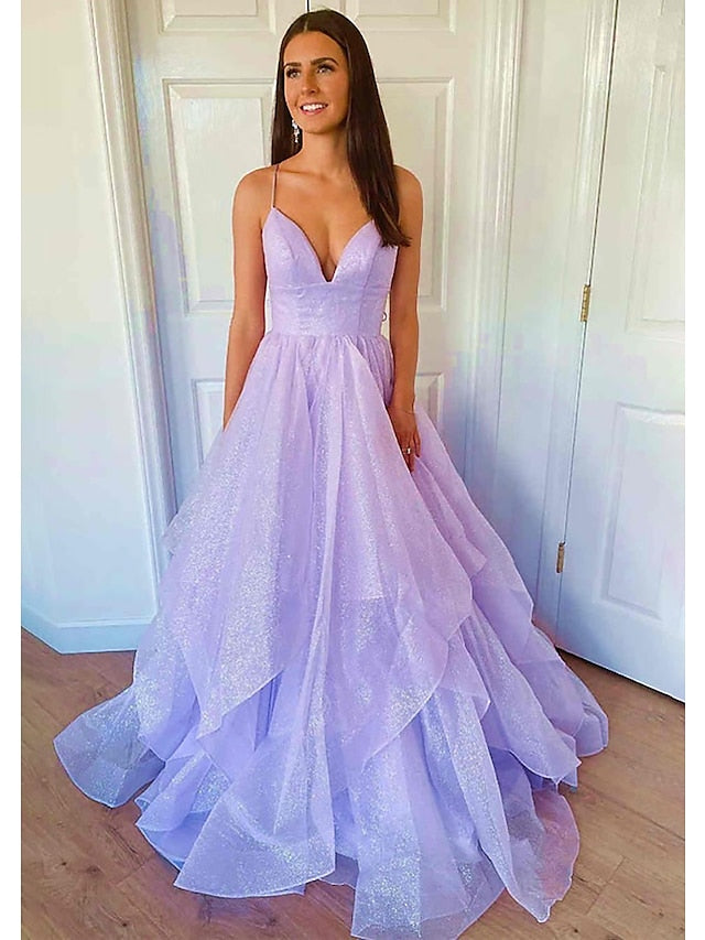 Ball Gown A-Line Prom Dresses Sparkle & Shine Dress Formal Floor Length Sleeveless Sweetheart Tulle Backless with Pleats Ruffles 2023 - LuckyFash™