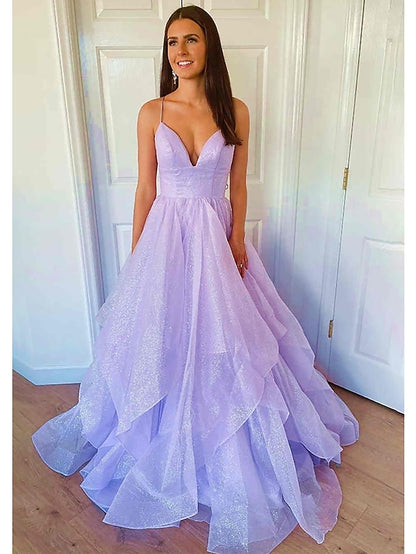 Ball Gown A-Line Prom Dresses Sparkle & Shine Dress Formal Floor Length Sleeveless Sweetheart Tulle Backless with Pleats Ruffles 2023 - LuckyFash™