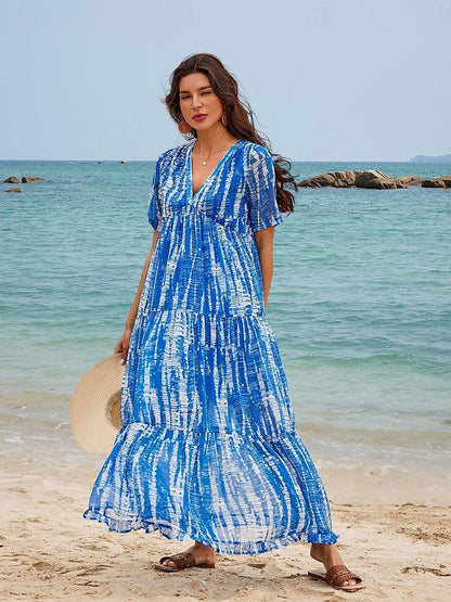 Women's Chiffon Casual Dress Print V Neck Long Dress Maxi Dress Vacation Beach Short Sleeve Summer