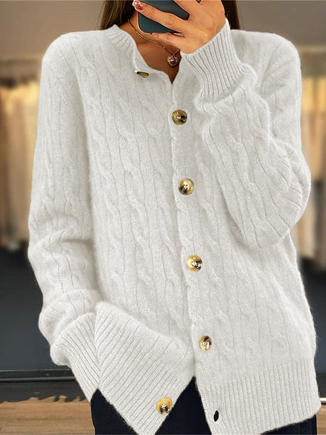 Women's Cardigan Crew Neck Cable Knit Acrylic Button Knitted Fall Winter Regular Outdoor Daily Going out Fashion Streetwear Casual Long Sleeve Solid Color White Pink Camel S M L