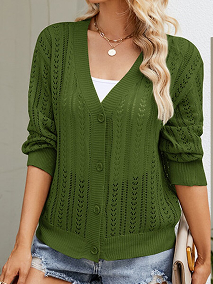 Women's Cardigan Sweater V Neck Crochet Knit Polyester Button Hole Summer Spring Daily Going out Weekend Stylish Casual Soft Long Sleeve Solid Color Purple Green Khaki S M L