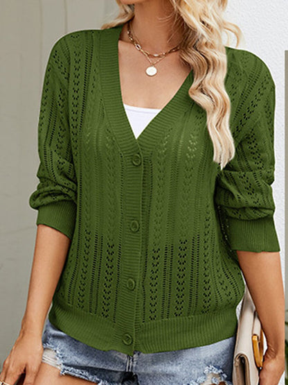 Women's Cardigan Sweater V Neck Crochet Knit Polyester Button Hole Summer Spring Daily Going out Weekend Stylish Casual Soft Long Sleeve Solid Color Purple Green Khaki S M L