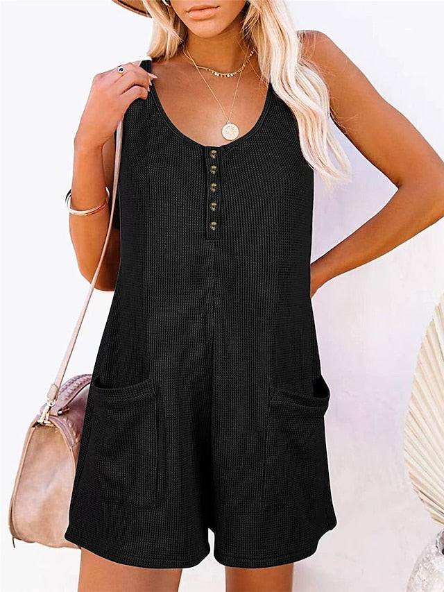Jumpsuits for Women Summer Overall Button Pocket Solid Color U Neck Basic Daily Vacation Regular Fit Sleeveless Black Pink Wine S M L Spring - LuckyFash™