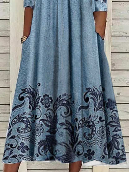 Women's Dress - Casual Dress Ethnic Dress Midi Dress Blue Half Sleeve Floral Print Summer Spring V Neck Casual 2023 S M L XL XXL 3XL