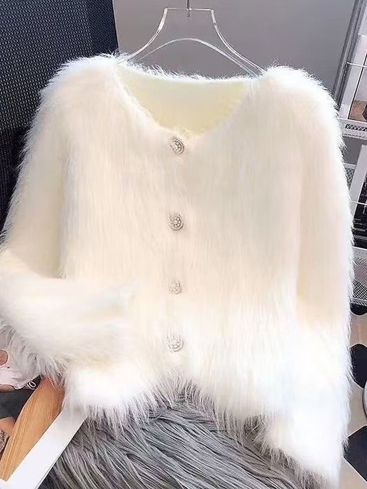 Women's Cardigan Sweater Crew Neck Ribbed Knit Polyester Imitation Mink Faux Fur Trim Fall Winter Daily Going out Weekend Stylish Casual Soft Long Sleeve Solid Color Black White Pink One-Size