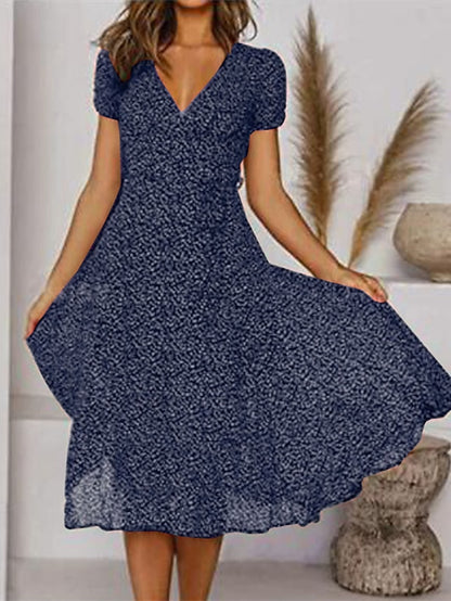 Women's Dress - Casual Dress Swing Dress Floral Dress Midi Dress Black Wine Red Short Sleeve Ditsy Floral Print Summer Spring V Neck Fashion Vacation Loose Fit 2023 S M L XL XXL 3XL