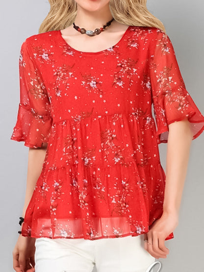 Blouses - Plus Size Round Neck Floral Printed Pattern Chiffon Blouse - MsDressly