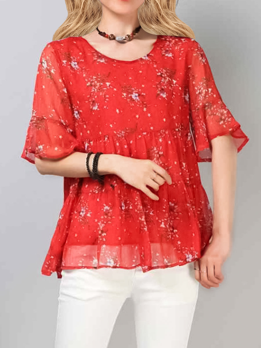 Blouses - Plus Size Round Neck Floral Printed Pattern Chiffon Blouse - MsDressly