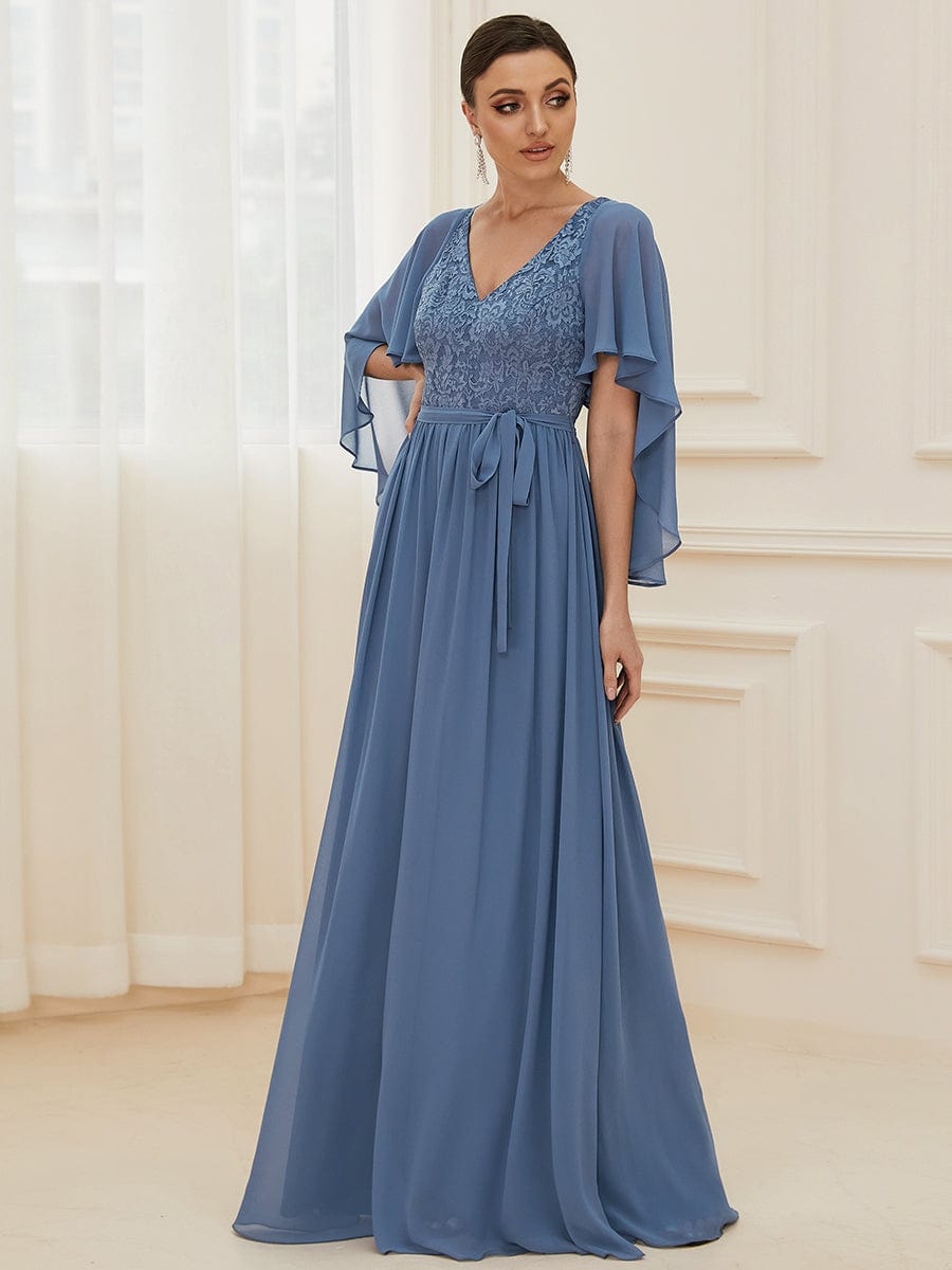 Lace Accent Plus Size V-Neck Evening Dress with Belt
