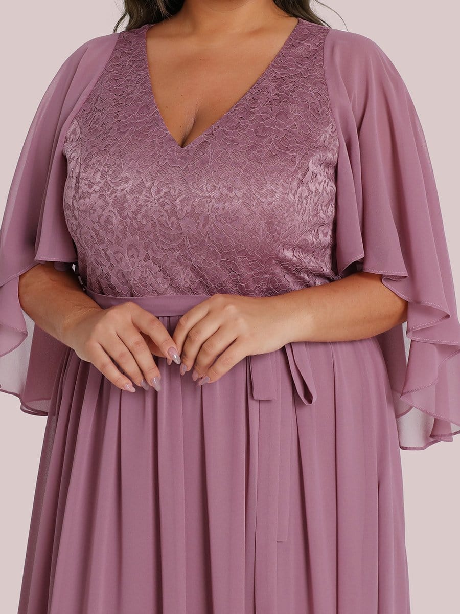 Lace Accent Plus Size V-Neck Evening Dress with Belt