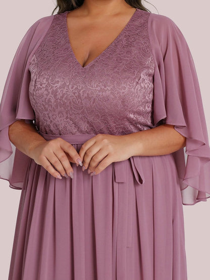 Lace Accent Plus Size V-Neck Evening Dress with Belt
